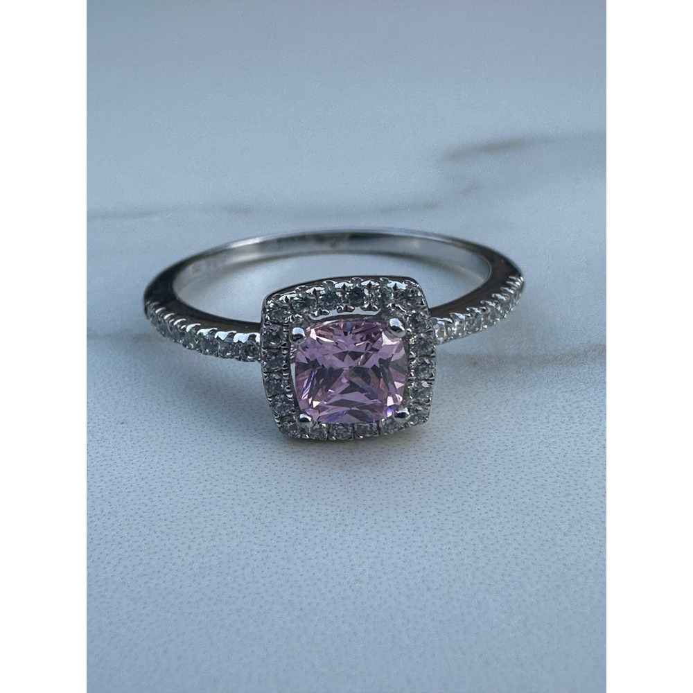 Sterling Silver Pink Cushion Cut Halo Ring BE 925 Pave Band Size 8